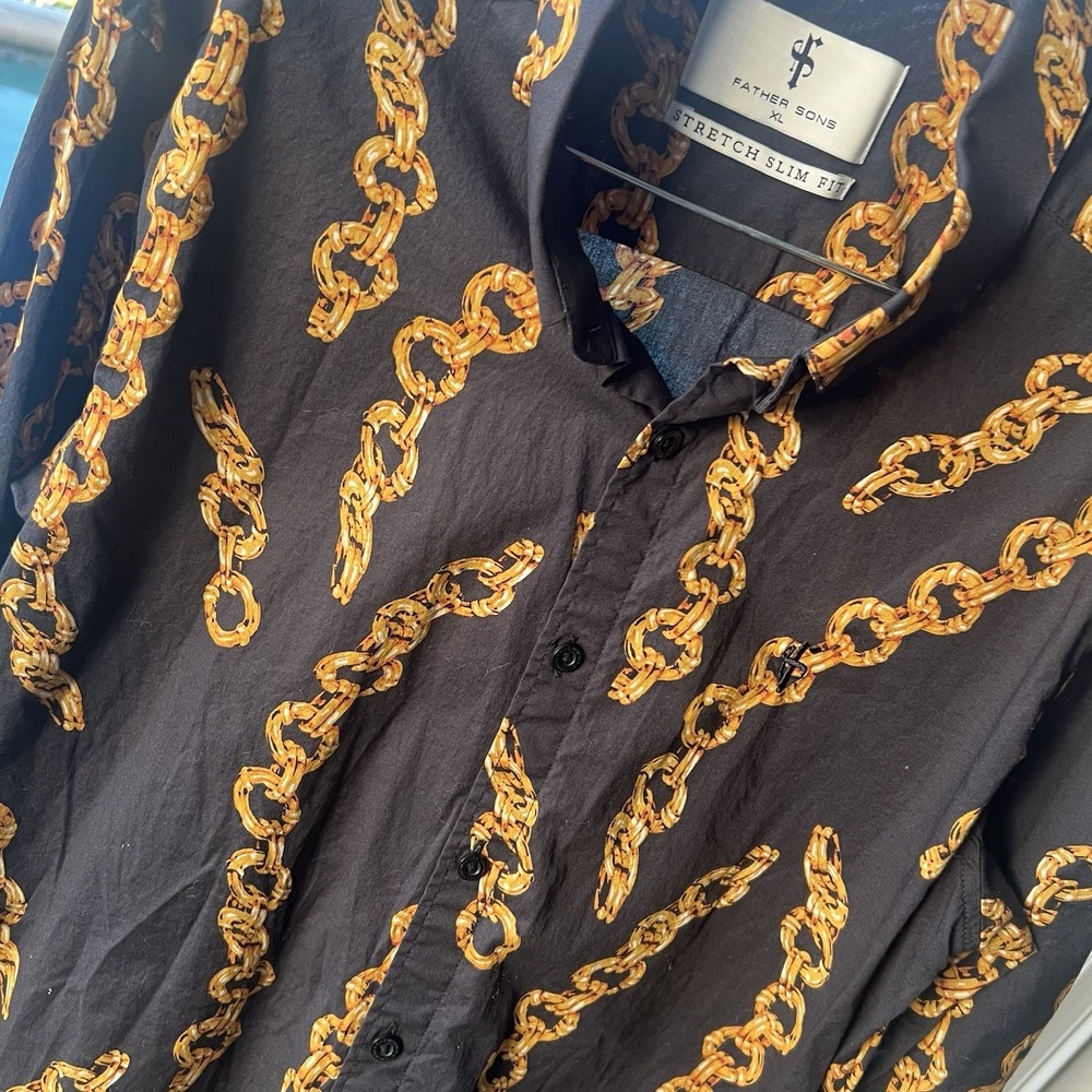 Father Sons Stretch Slim Fit Black Gold Chain Print Short Sleeve Shirt XL Retro‎
